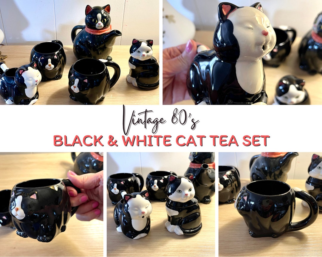 Vintage 1980s Black & White Cat Kitschy Tea Set Retro Kitty Mugs Cream