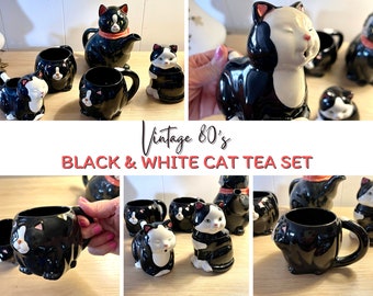 Vintage 1980s Black & White Cat Kitschy Tea Set Retro Kitty Mugs Cream Sugar Teapot Collectable Japan Sold in Sets