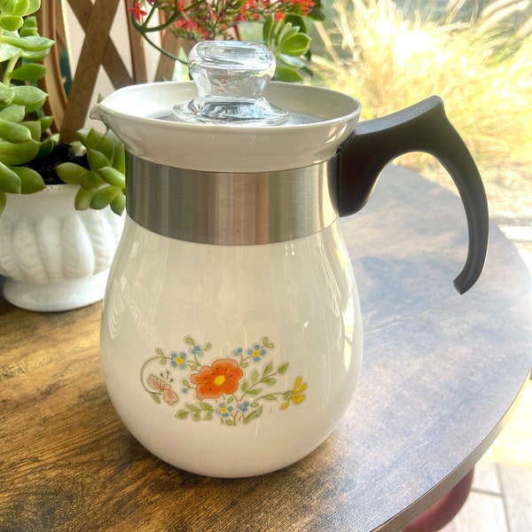 RARE Vintage 1970s Corning Ware Wildflower Carafe Coffee Tea Pot P-166 Complete Hot Beverage percolator