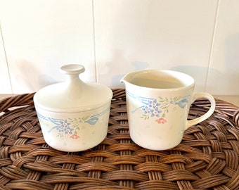 Vintage early 90s Corning Symphony RARE Cream & Sugar Set Blue Ribbon Floral Corelle Retro Kitchen