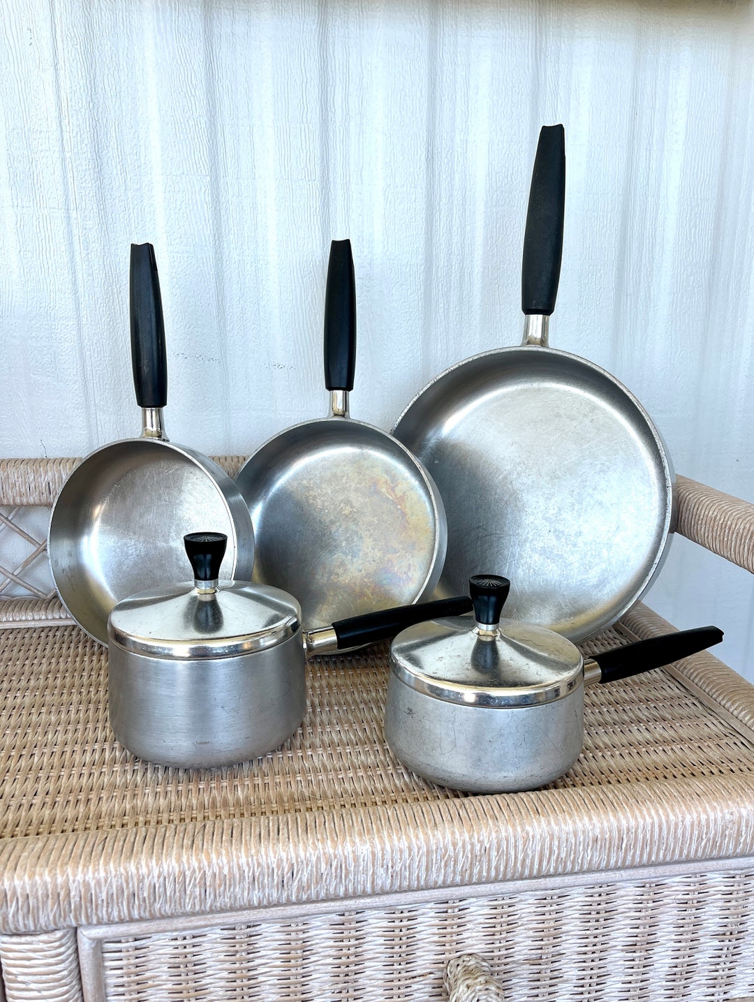 Set of 5 Various Mid Century Pots, Saucepans, Cooking Ware Regal Supreme  Stainless Ware 1927 Atomic Wear-ever Aluminum Vintage Pans 