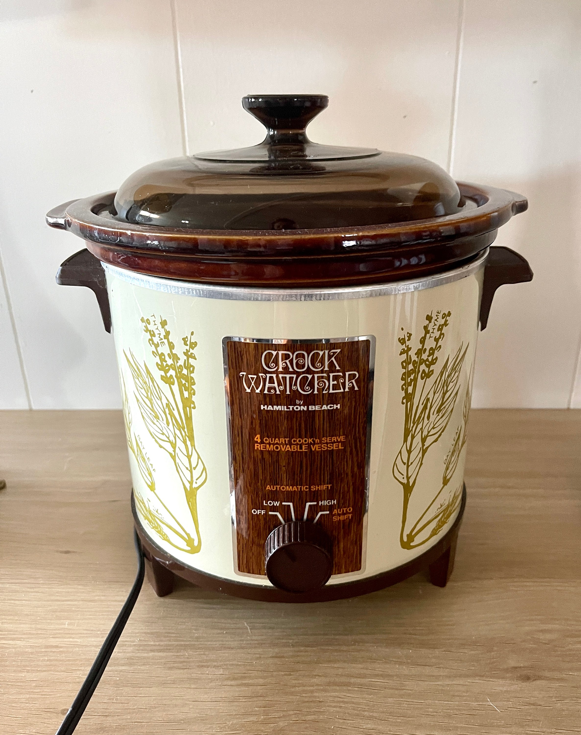 Vintage 70s Hamilton Beach 4 Qt. Crock Watch Crockpot Removable Vessel Auto  Shift Like NEW W/ Lid 415-1 Botanical Herb Design USA 