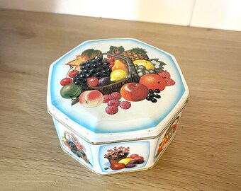 Vintage 1960s Hexagon Candy Tin England Fruit Retro harvest collectable Kitschy