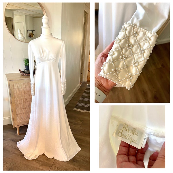 STUNNING Vintage 1960s Priscilla Boutique Classic Empire Waist A-Line long pearl sleeve Wedding Dress Gown Chic Winter Mid Mod MCM