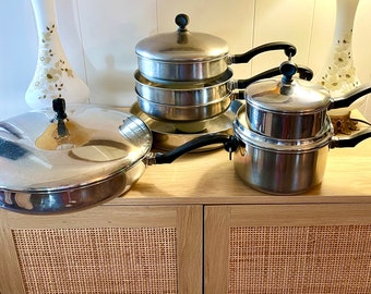 Vintage Farberware 60s 70s Aluminum Clad Pots Pans w/ lids Classic design Bronx NY Kidde Mid Century Mod Kitchen Cookware Retro MCM