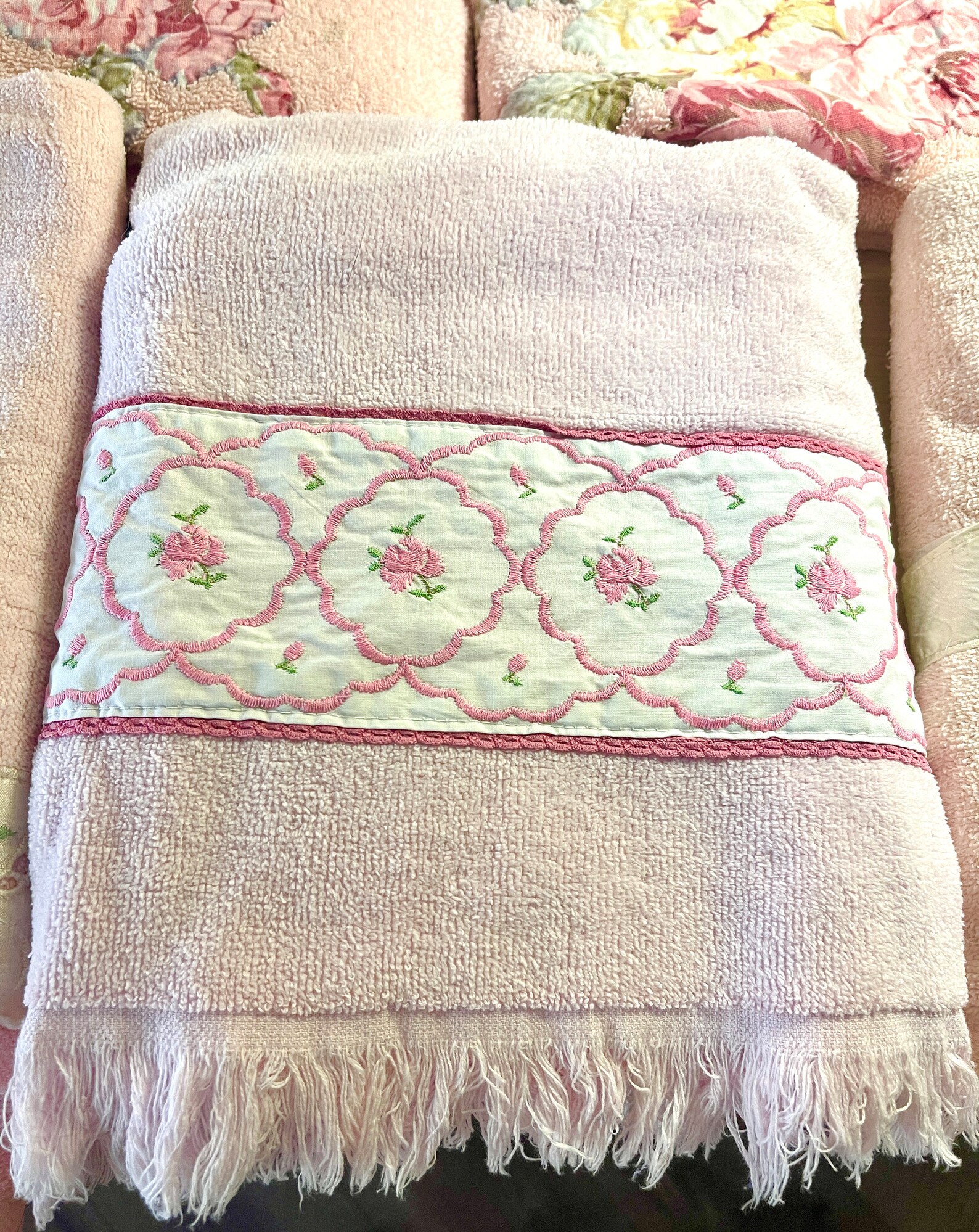 Vintage 70s / 80s Pink Floral Bath Towels Made in the USA Etsy