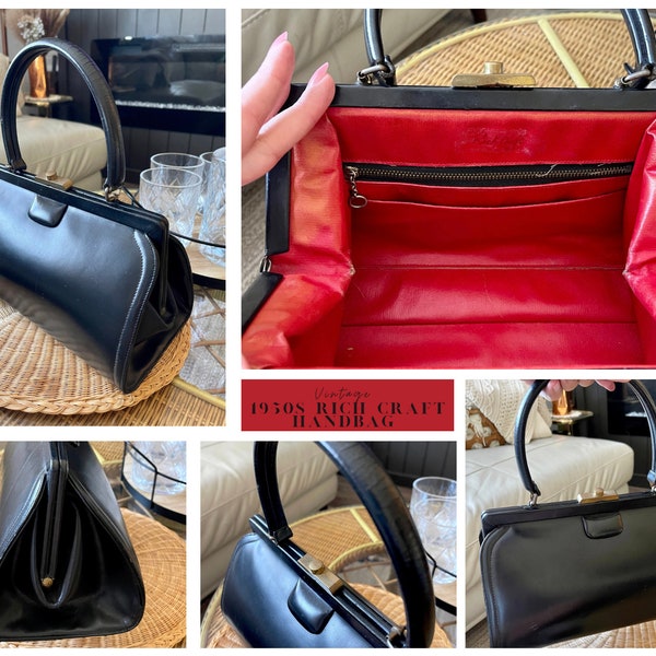 RARE Vintage 1950s Black Leather Rich Craft USA New York Handbag w/ Red Interior Retro Style Ladies Purse