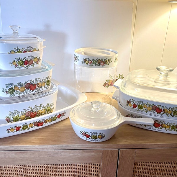 Vintage 70s Retro Corning Ware "Spice of Life" Casserole Dishes Bakeware Ovenware Kitschy Kitchen Vegetable Print