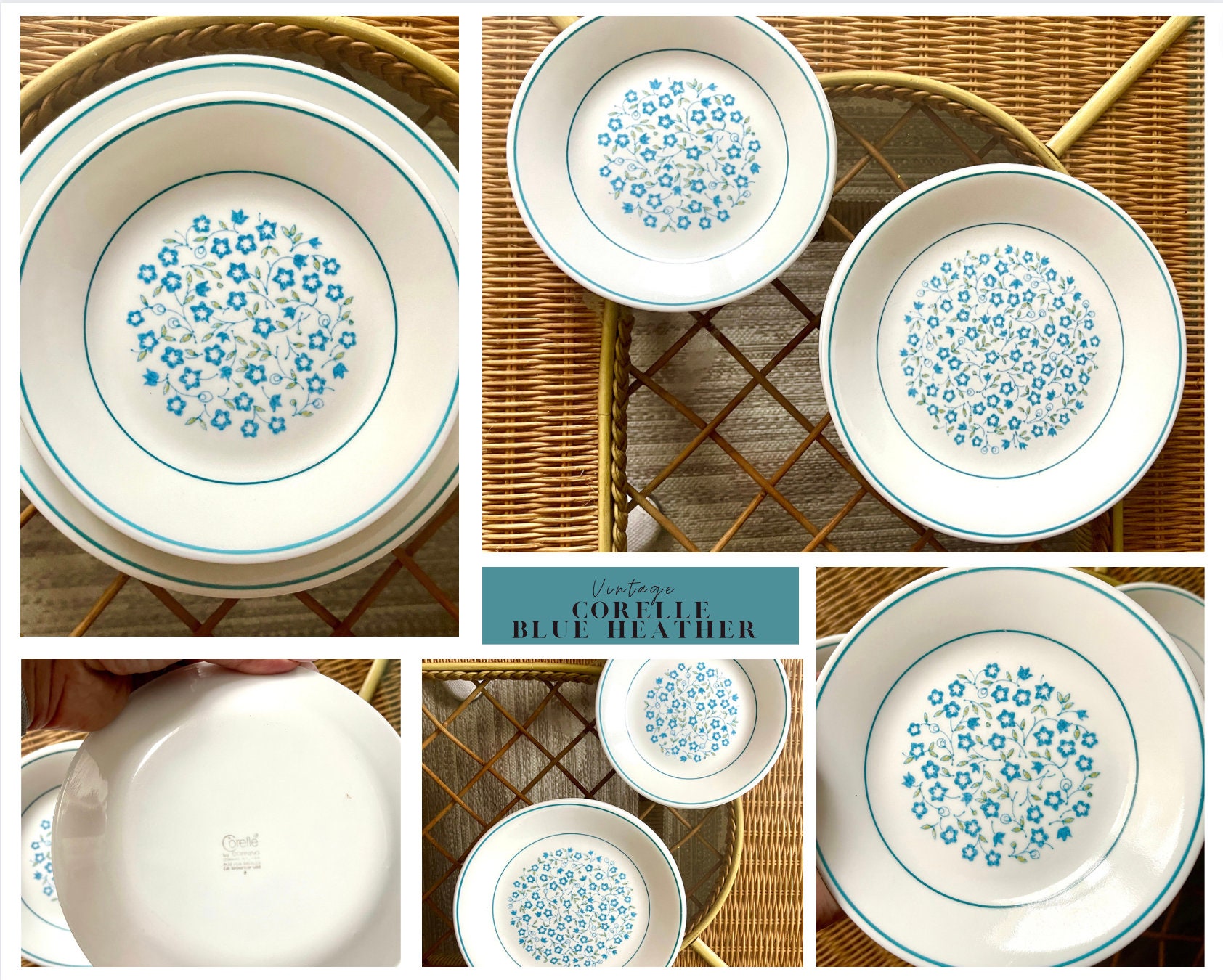 Vintage Corelle by Corning Blue Heather Plates Dishes Luncheon Appetizer  SOLD INDIVIDUALLY Small Blue Flower Botanical Print Retro Kitchen 