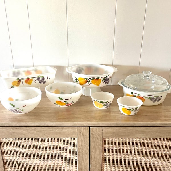 Vintage 1950s Fire King Gay Fad Milk Glass Ovenware Bakeware Casserole Loaf Pan Custard Bowls Mid Mod MCM