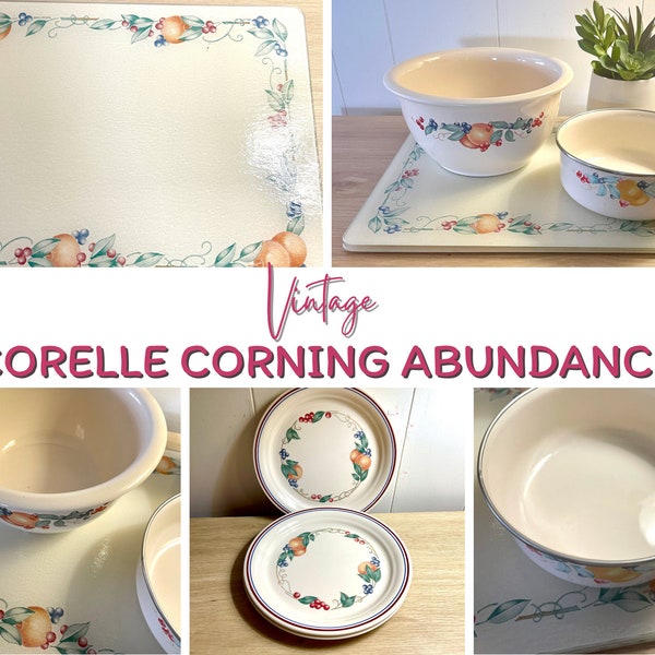 Vintage 80s Corelle Coordinates Abundance Dishes, Stoneware Bowl, Enamel Bowl & Glass Counter Saver Cutting Board Retro Kitchen Kitsch.