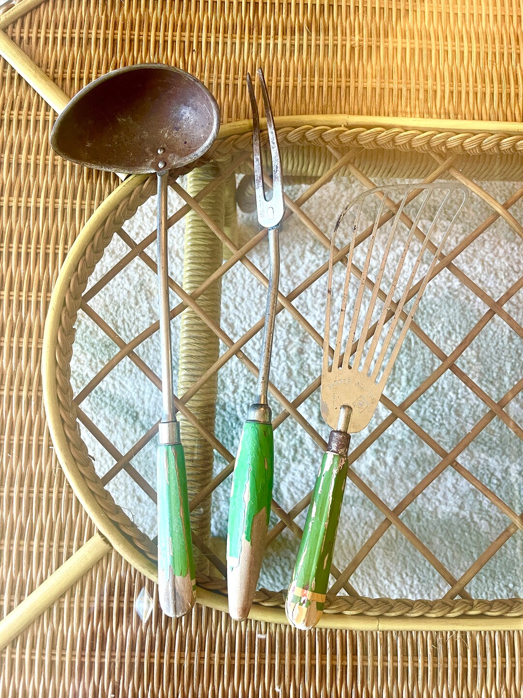 Vintage 1930s Green Handled A&J Kitchen Utensils Ladle, Batter Beater,fork CHOICE Made in USA ...