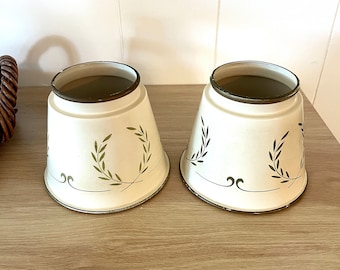 Vintage Farmhouse Enamel Pair of 2 Mini Lampshades Ivory Green metal Sconce shades Retro Home Decor MCM Mid Mod