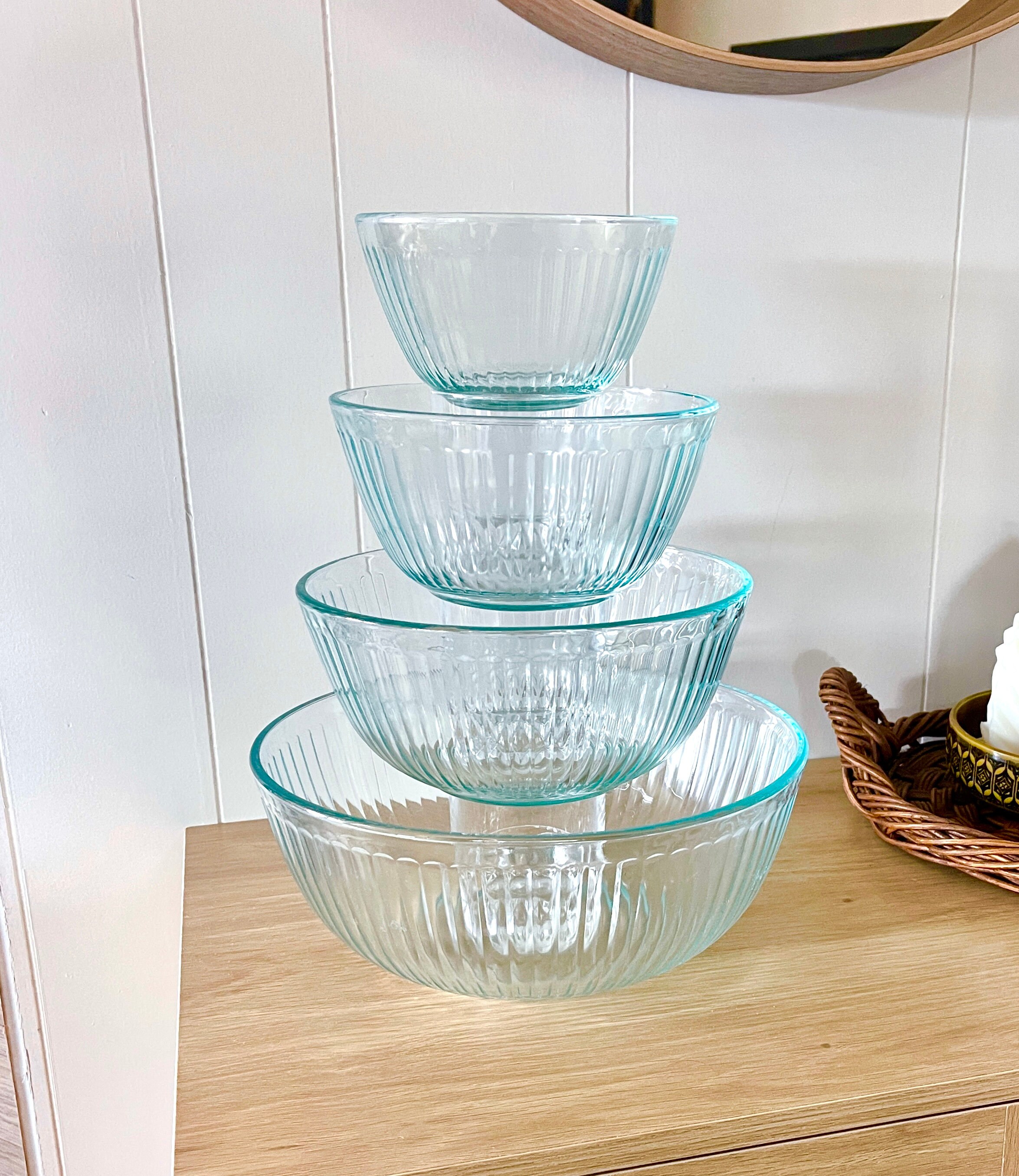 UNBRANDED set of three nesting glass prep bowls with lids pastel colors