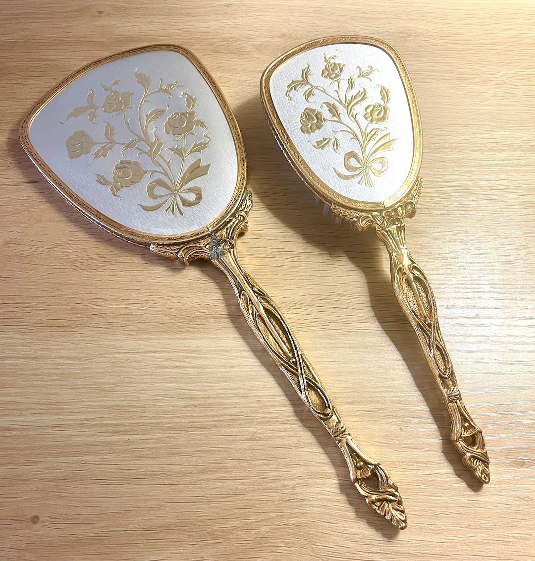 Vintage Hand Mirror and Hair Brush Dressing Table Set MCM Gilt Etsy