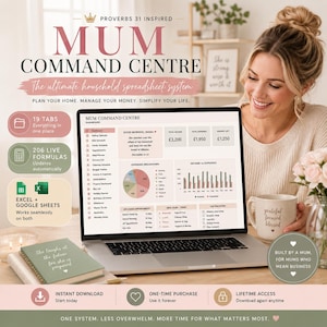 May include: A laptop screen shows the "MUM COMMAND CENTRE" spreadsheet, designed for home management. The image features a mug with the words "grateful focused blessed", a notebook, and text about financial planning. The spreadsheet includes financial data.