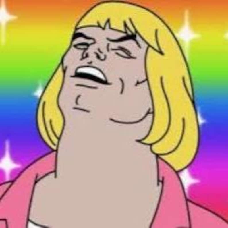 May include: A digital illustration of He-Man, a muscular, blonde-haired man with a pink shirt and a rainbow background. He is smiling with his eyes closed and his head tilted back.