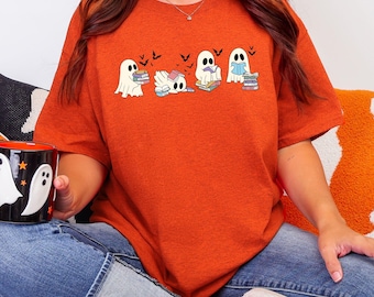 Ghost Reading Books Shirt, Bookish Halloween Tshirt, Teacher Halloween Gift, Halloween Ghost Books, Spooky Book Lover Tee, Read More Books.