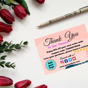 Cartão de visita rosa de agradecimento, cartão de agradecimento para pequenas empresas, cartão editável e imprimível, cartão de inserção, cartão de pedido, modelos digitais