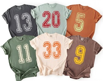 Comfort Colors Custom Football Number Shirt, Personalized Sports Number Tee, College Game Day Unisex TShirt, Retro Varsity Y2K Number Tee.