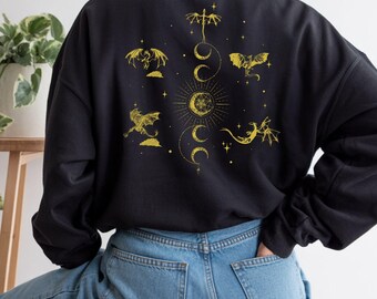 Celestial Dragon Moon Phases Sweatshirt, Fantasy Lunar Dragon Hoodie, Dragon Lover Sweatshirt, Dragon Gift for Fan, Dragon Rider Sweater.