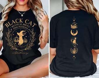 Black Cat Apothecary Shirt, Mystical Potions Tshirt, Witchy Black Cat Tee, Black Cat Halloween, Halloween Witch Shirt, Halloween Party Tee.
