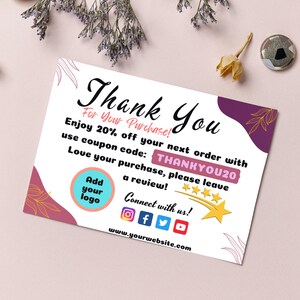 Cartão de agradecimento editável e imprimível, cartão de agradecimento para pequenas empresas, cartão de inserção, obrigado pelo seu pedido, modelo de cartão de agradecimento digital
