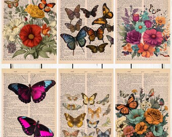 6 Butterfly Themed Dictionary/Old-Text Prints