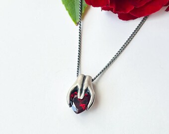 925 Silver Garnet Hand Holding Heart Necklace, Gothic Red Crystal Jewelry, Gift for Girlfriend