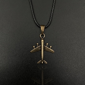 Vintage Airplane Necklace: Stainless Antique Pendant, Leather Cord