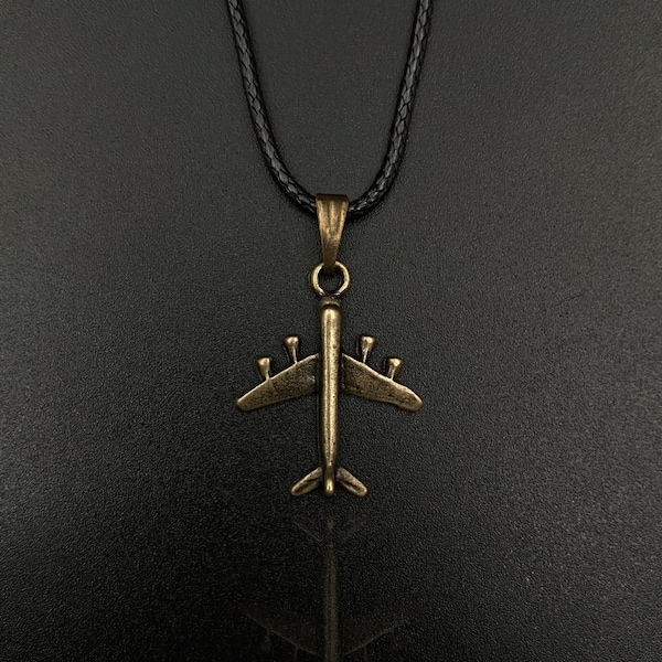 Vintage Airplane Necklace: Stainless Antique Pendant, Leather Cord
