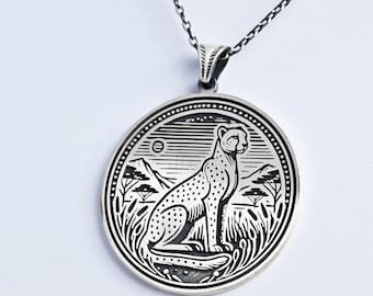 Sterling Silver Cheetah Necklace, Engraved Wildlife Animal Pendant