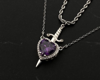 Sapphire Blue 925 Silver Heart Sword Necklace, Blue Diamond Heart