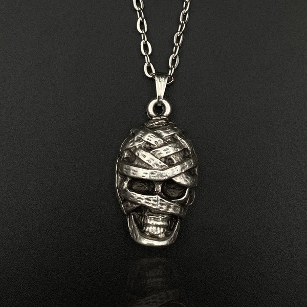 Mummy Skull Scary Necklace, Sterling Mummy Halloween Pendant, Mummy Head Choker Necklace, Spooky Mummy Jewelry