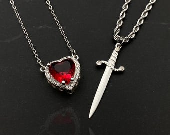 Sapphire Blue 925 Silver Heart Sword Necklace, Blue Diamond Heart
