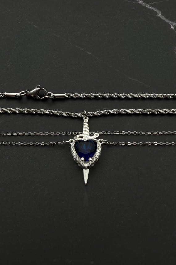 Sapphire Blue 925 Silver Heart Sword Necklace, Blue Diamond Heart