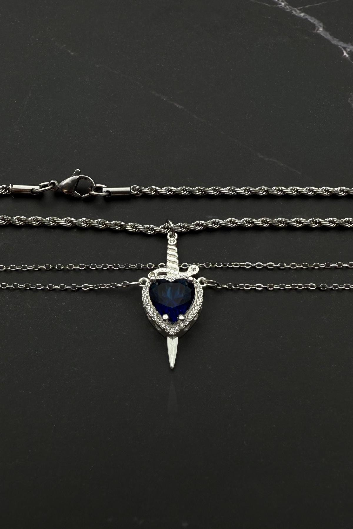 Sapphire Blue 925 Silver Heart Sword Necklace, Blue Diamond Heart 