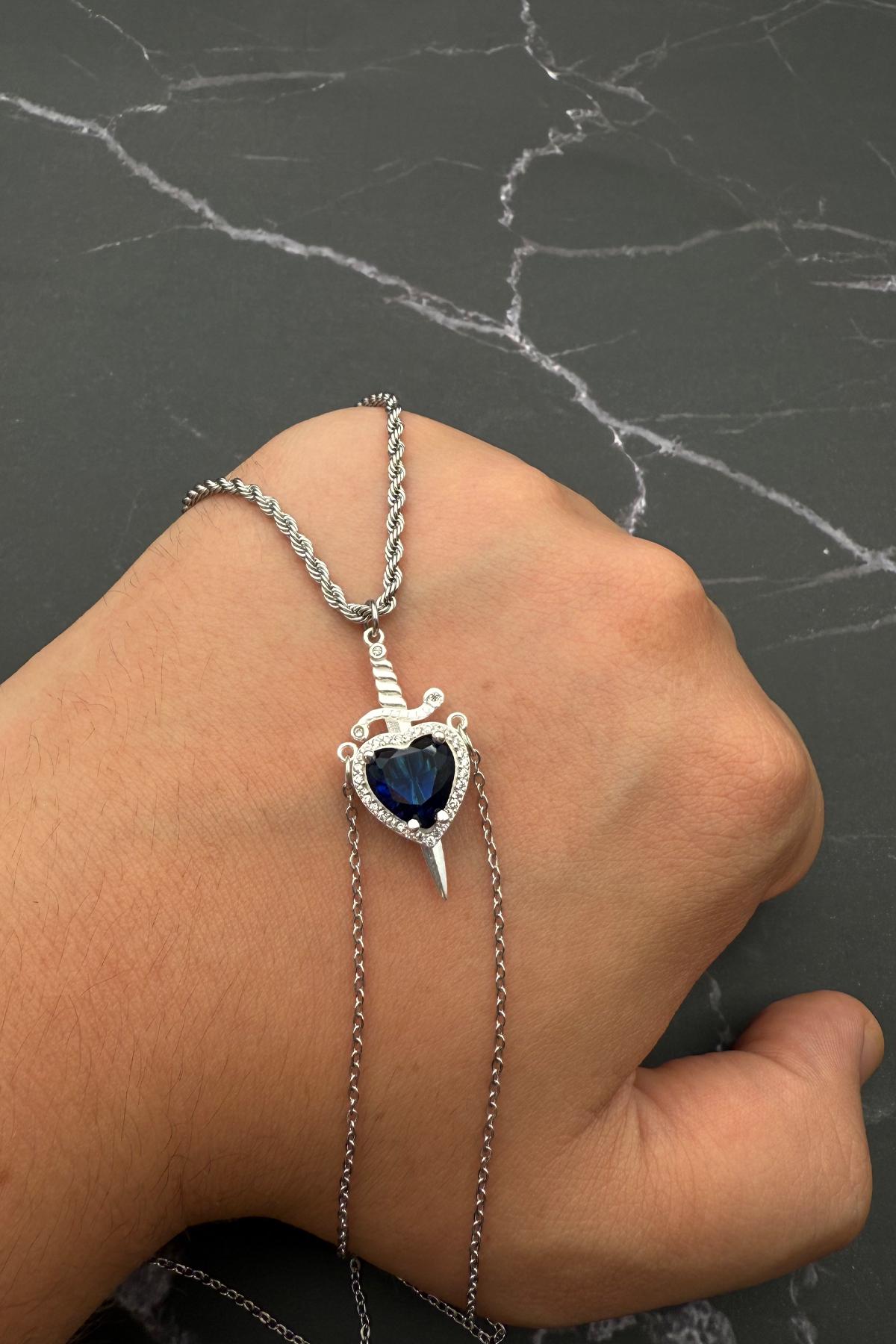 Sapphire Blue 925 Silver Heart Sword Necklace, Blue Diamond Heart