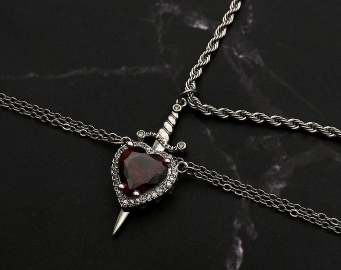 Princess and the Prince Red Gemstone Matching Necklace , Valentines Day Gift , Heart and Sword , Gift for Couples , His and Her Necklace