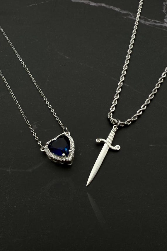 Sapphire Blue 925 Silver Heart Sword Necklace, Blue Diamond Heart