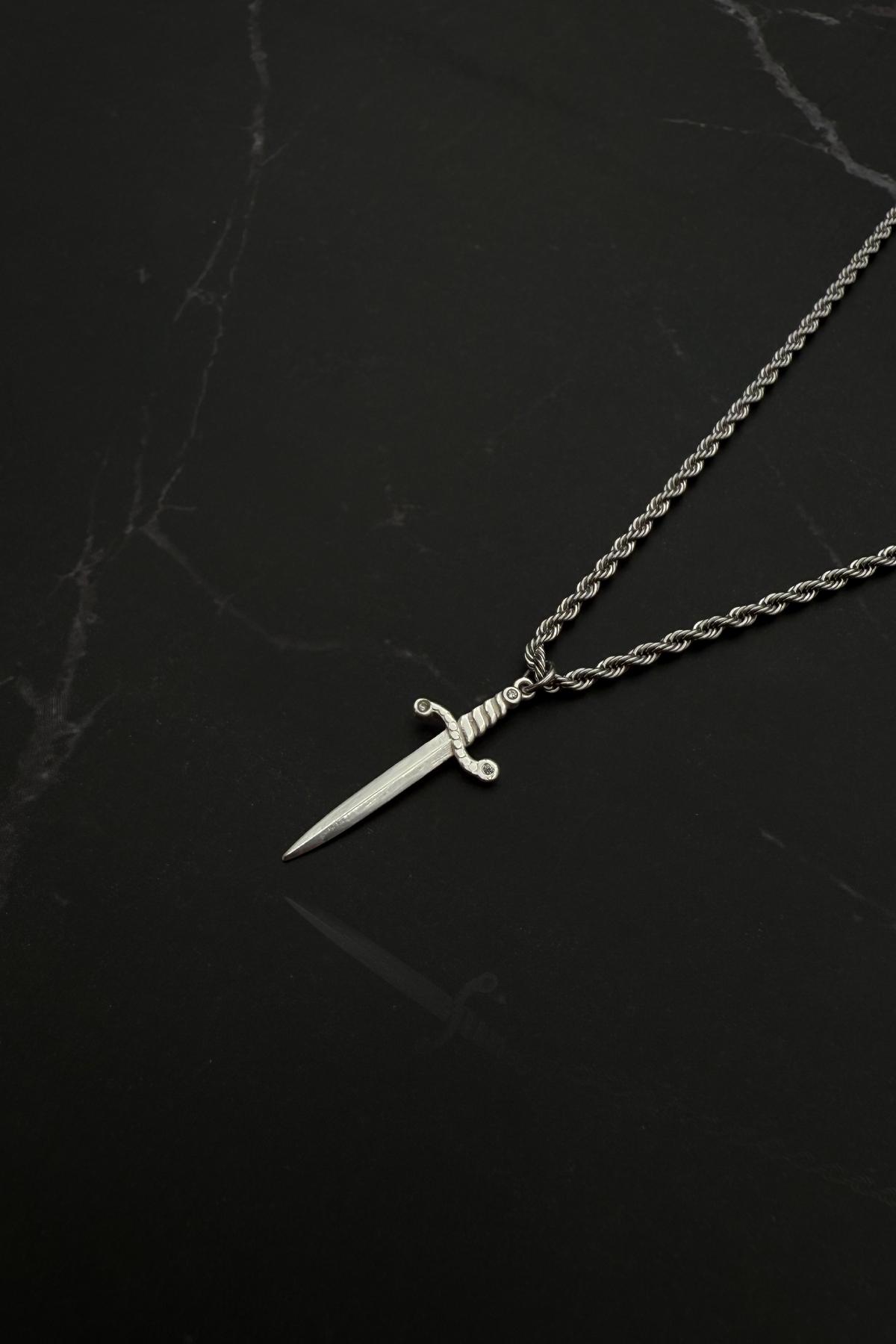 Sapphire Blue 925 Silver Heart Sword Necklace, Blue Diamond Heart