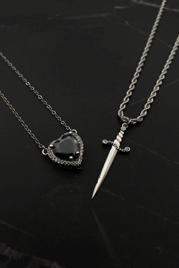 Gothic Matching Necklace, Black Heart Sword Pendant, Soulmate Gift for Couple