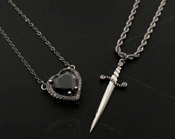 Gothic Matching Necklace, Black Heart Sword Pendant, Soulmate Gift for Couple