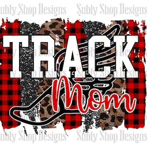Puede incluir: Diseño de cuadros rojos y negros de búfalo y estampado de leopardo con una silueta blanca de un corredor y el texto "TRACK MOM".