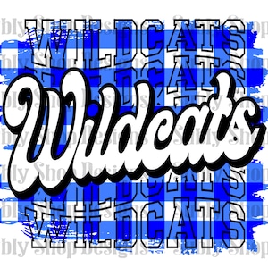 Wildcats blue gingham png, wildcats sublimation designs, wildcats shirt designs, blue and white team png, wildcats dtf designs, wildcat team