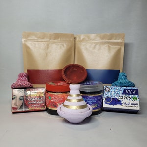 Coffret de soin marocain : 300 g de poudre d'Aker fassi - 300 g de poudre de Nila - Savon nila et aker fassi - Savon marocain beldi - Mini tajine...