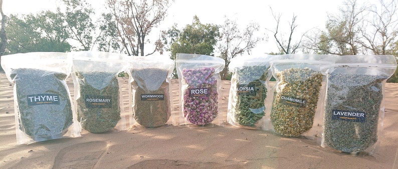 Op de afbeelding: Zes doorzichtige plastic zakken gevuld met gedroogde kruiden en bloemen. De zakken zijn gelabeld met de namen van de kruiden en bloemen: Tijm, Rozemarijn, Absint, Roos,  Alloysa, Kamille en Lavendel.