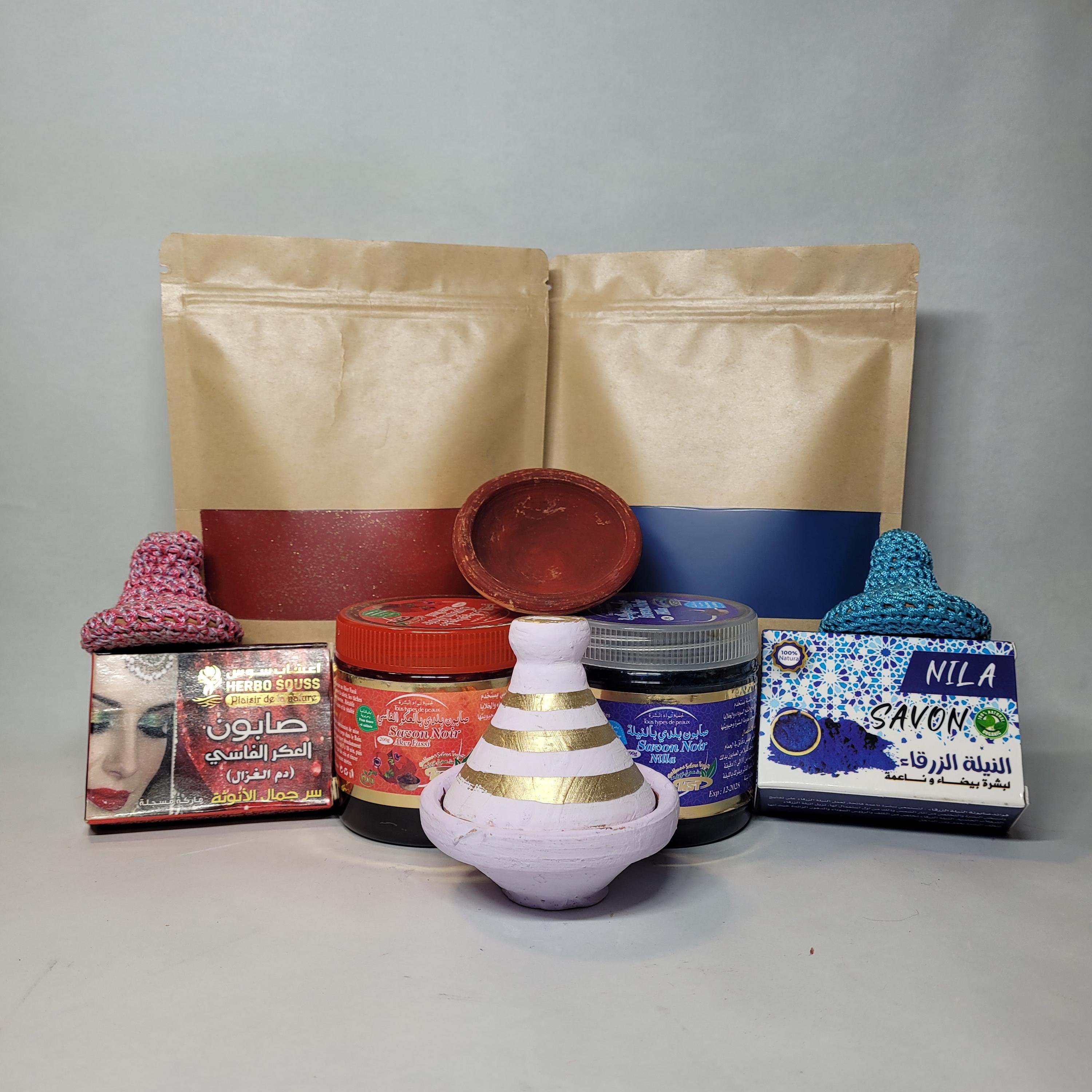 Moroccan Skincare set : 300g Aker fassi powder - 300g Nila powder - Nila and aker fassi soap - moraccan beldi soap - Mini tagine...