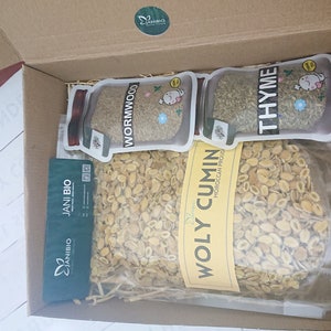 Op de afbeelding: Een kartonnen doos gevuld met verschillende gedroogde kruiden en specerijen. De doos bevat een zak "Holy Cumin" met een geel etiket, een zak "Wormwood" met een wit etiket en een zak "Thyme" met een wit etiket. De doos is gevuld met bruin verpakkingsmateriaal.