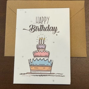 Cartão de bolo de aniversário, cartão de aniversário fofo, cartão de feliz aniversário, cartão feito à mão em papel semente, cartão de aniversário exclusivo, presentes de aniversário